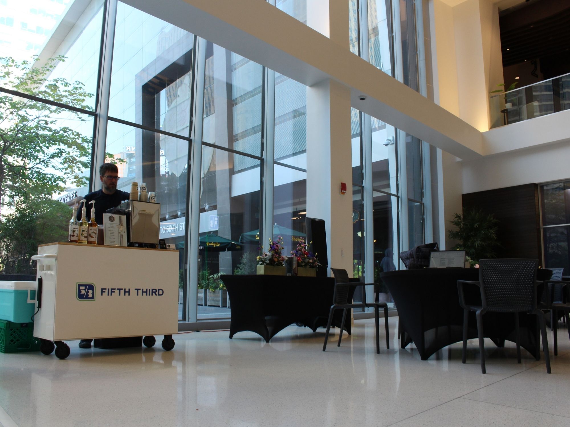 Mobile coffee cart in corporate office atrium